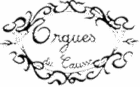 Logo calligraphié Orgues du Causse entouré d'une bordure ornementale de feuilles et volutes noires sur fond blanc.